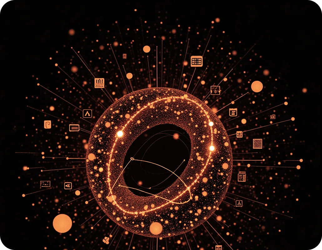 Glowing ring of data icons representing 360° threat monitoring coverage