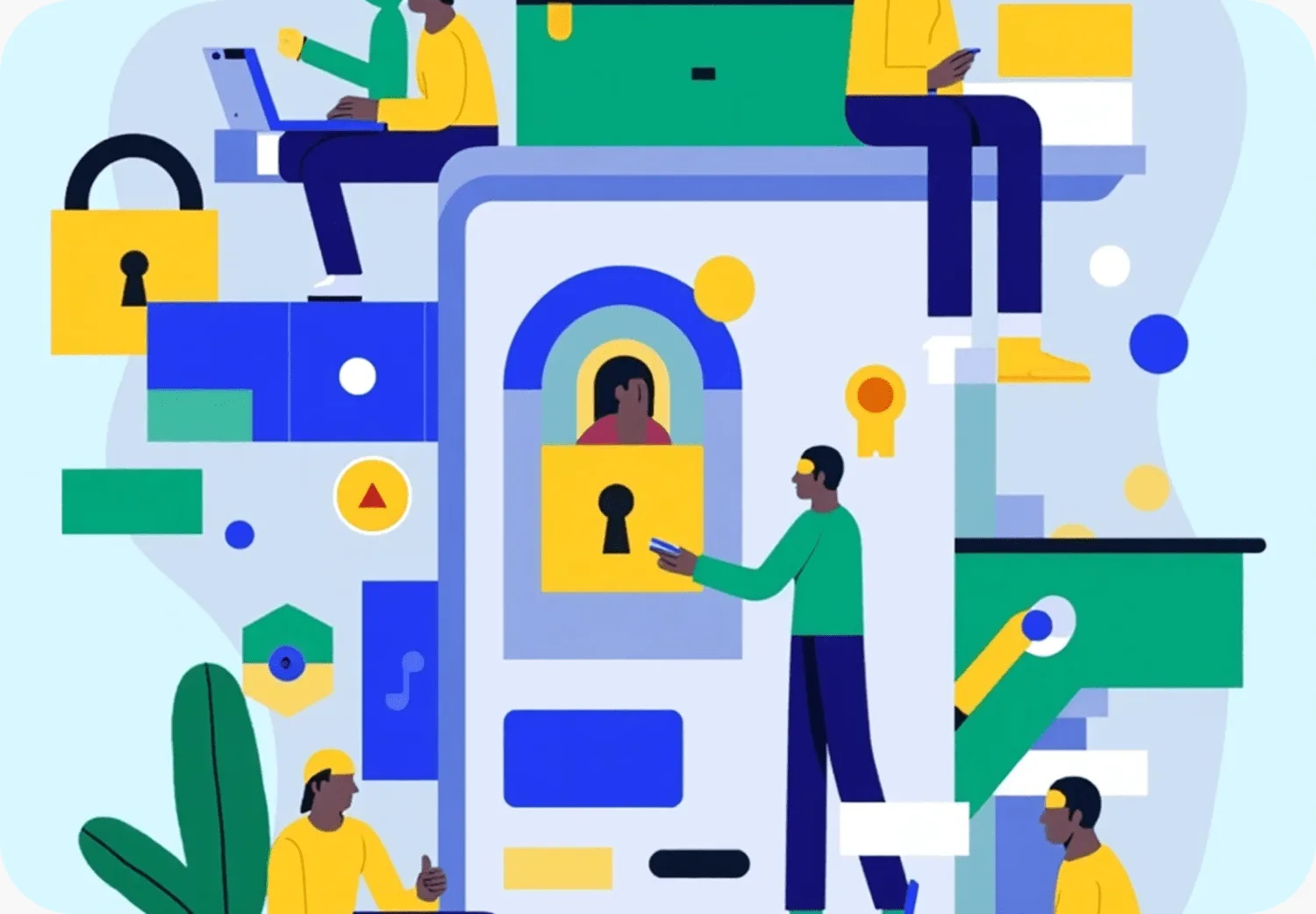 Illustration of people working around a phone lock screen surrounded by padlocks and security badges