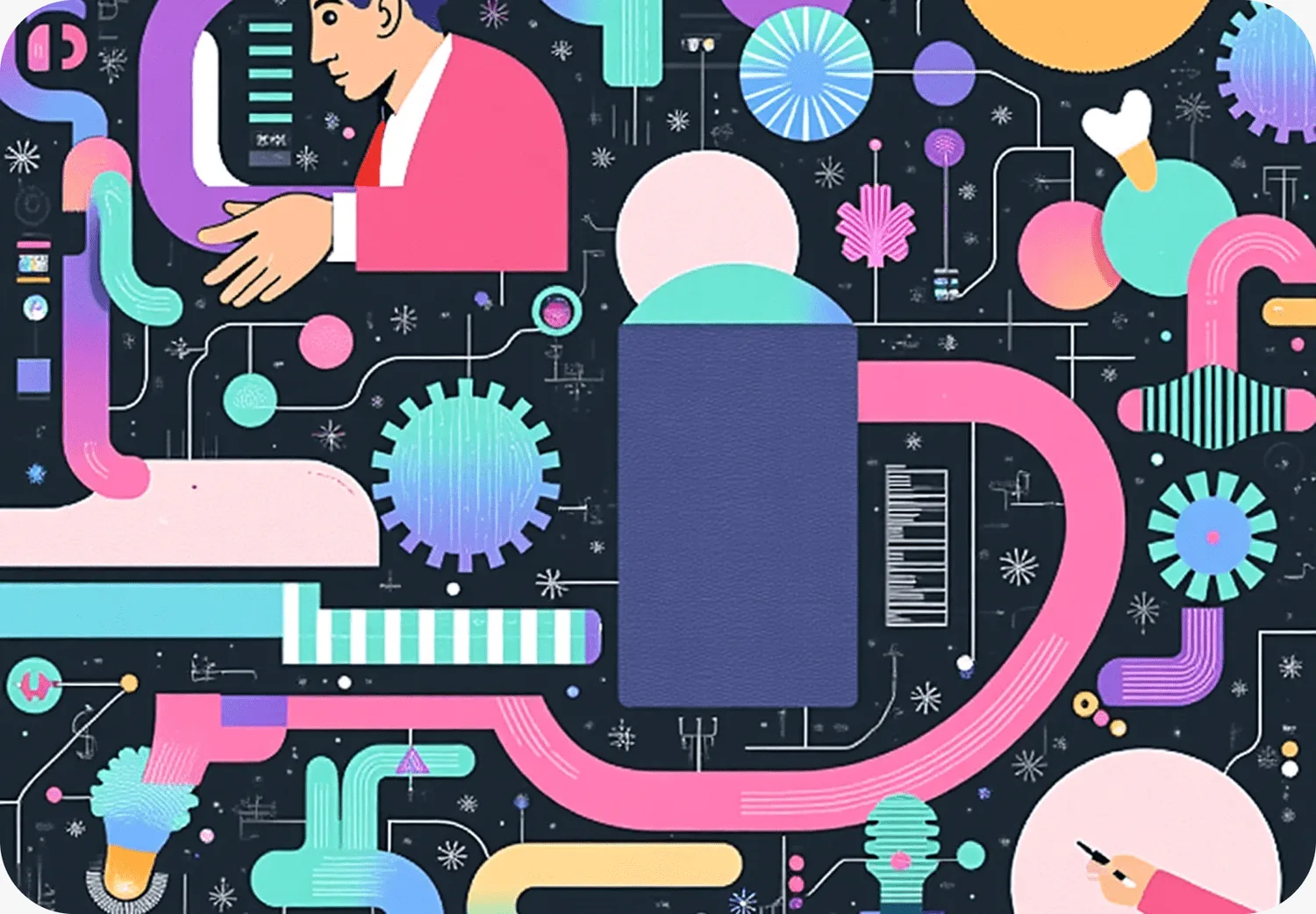 Illustration of an official reaching across tangled circuitry toward a blank screen