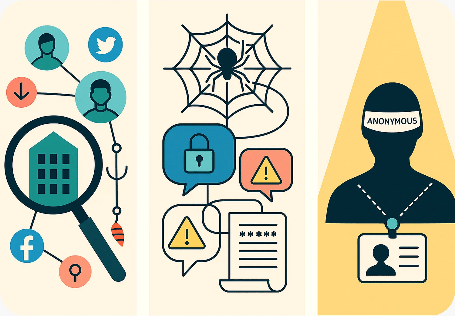 Illustration of social profiles and an anonymous figure facing deanonymization