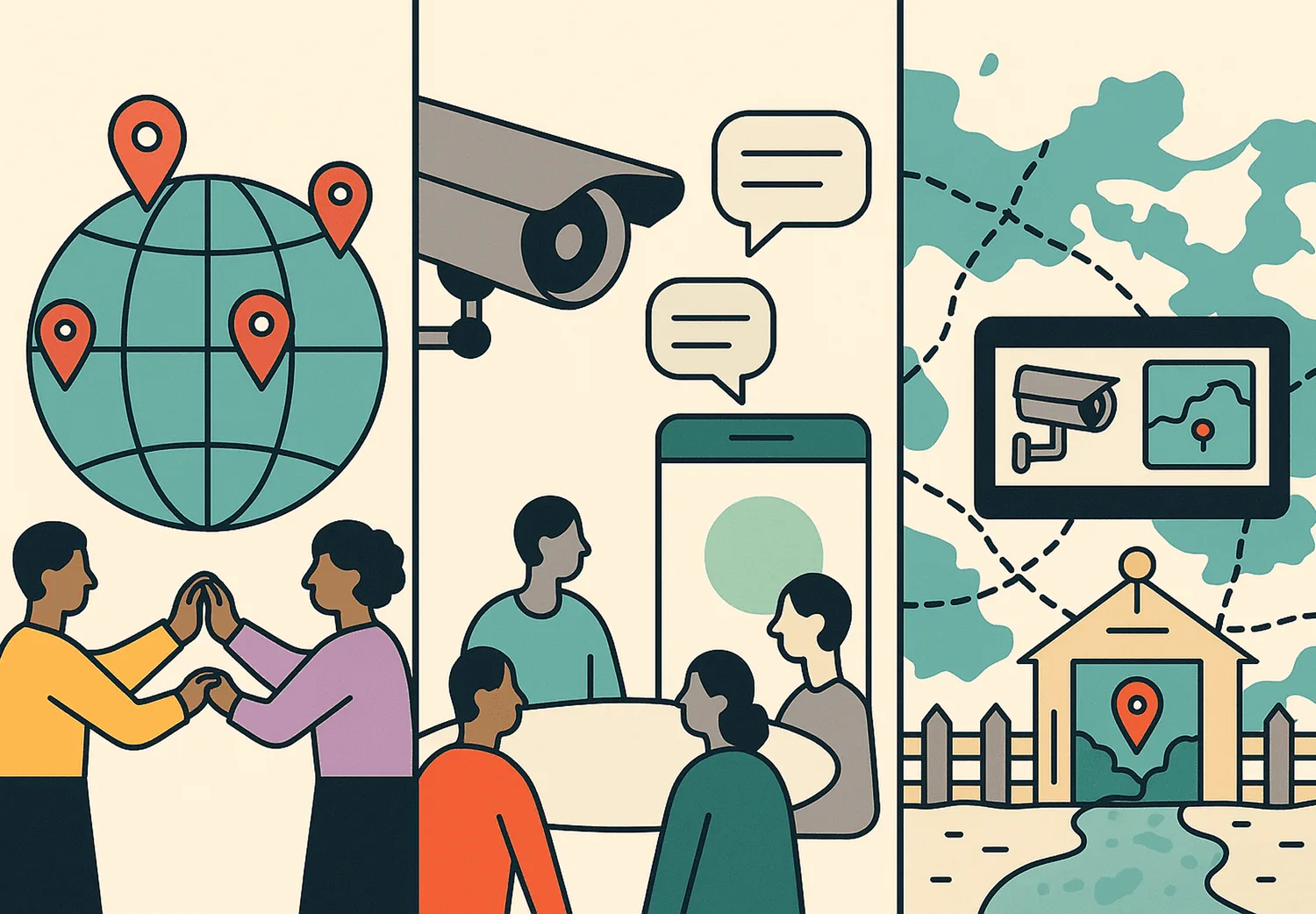 Three panels: a globe pinned with locations, a security camera above a crowd, and a monitored property on a camera feed