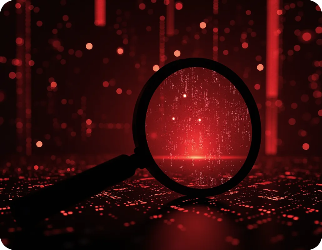 Magnifier over red circuitry, investigative intelligence tracing digital trails